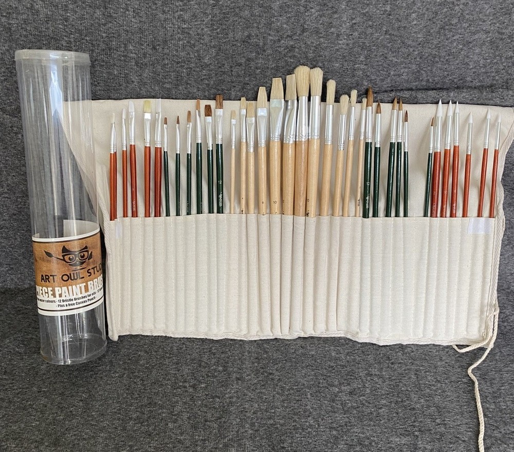 Art Owl Studio – 36-piece Paint Brushes: Oil, Acrylic Watercolor w/Canvas Pouch