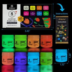 Artecho Glow in the Dark Acrylic Paint Set – 8 Colors x 20ml (0.7oz), Non-Tox…