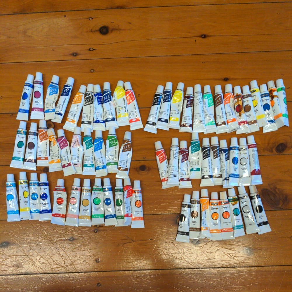 Set of Acrylic, Oil, Water Colors in 12mL – Mixed New/Unopened & Mostly Used