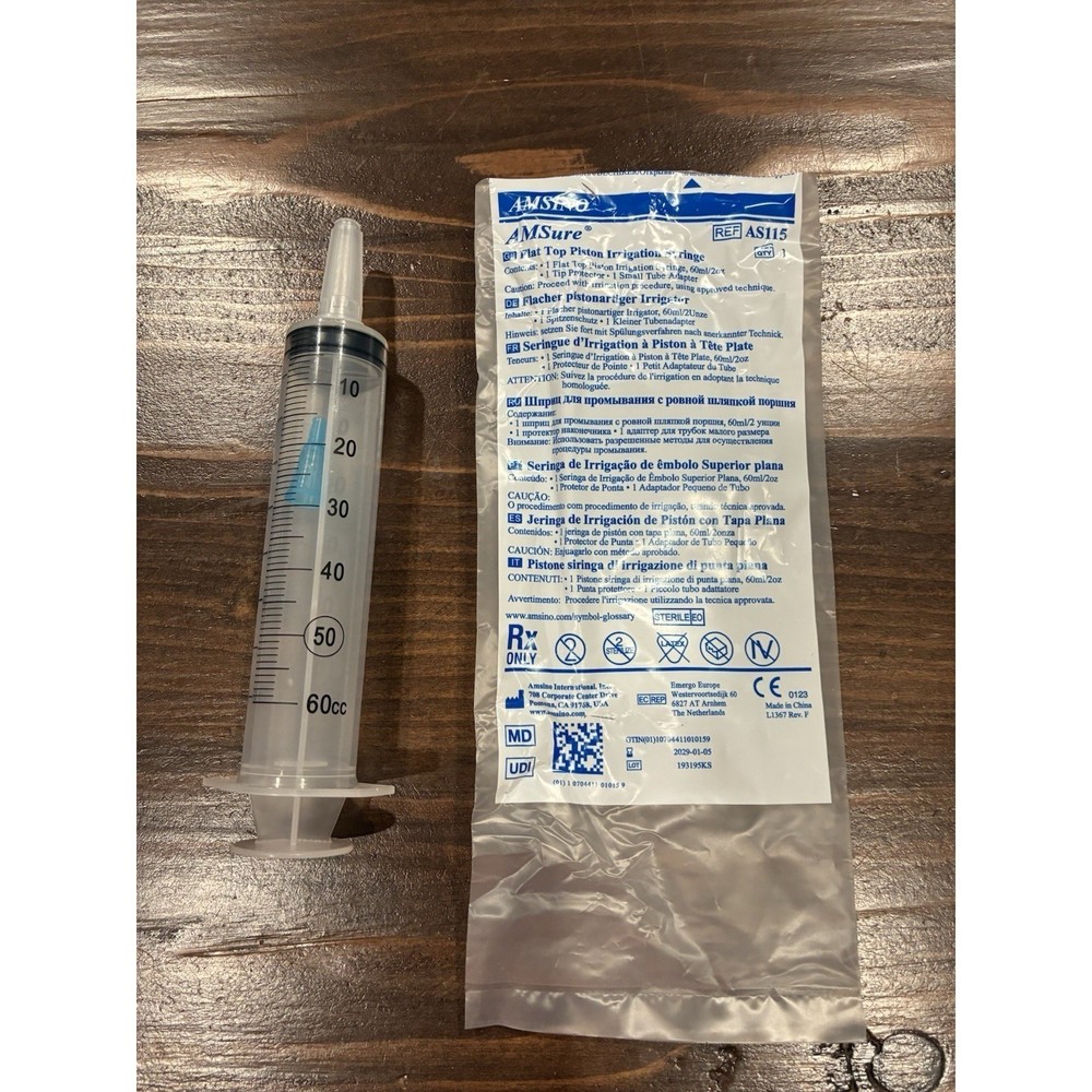 (60 Count) AMSure AS115 Flat Top Piston Irrigation Syringe 60 mL Latex Free New