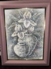 1980s Renee Caron Heavy Paste Textured Art-White Irises-Hollywood Regency Frame