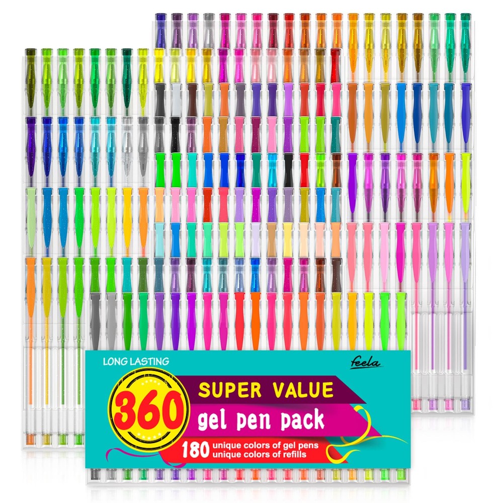 Gel Pens Set 360 Colors 180 Unique Gel Pen 180 Refills for Adult Coloring