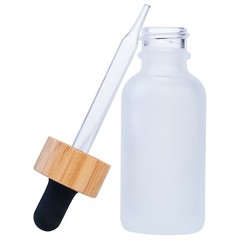 Clear Frosted Boston Round Glass bottles Black Bamboo Cap 1 oz / 30 ml 12 Pack
