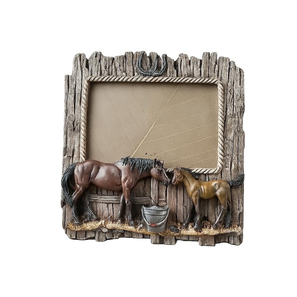 Comfy Hour Western Horse Photo Frame – 6×4 Rustic Wood Look, Brown, Polyresin