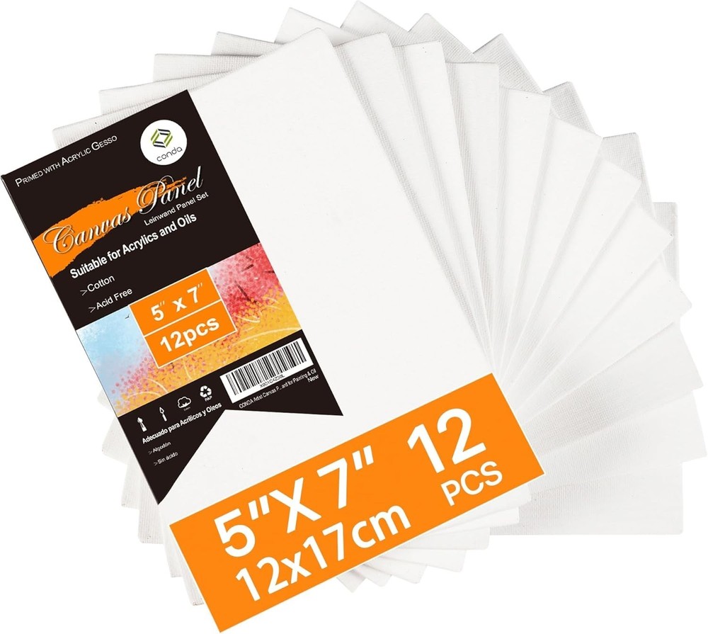Simetufy 12 Pack 5×7 Inch Small Flat Canvas Boards for Painting, 5×7, white