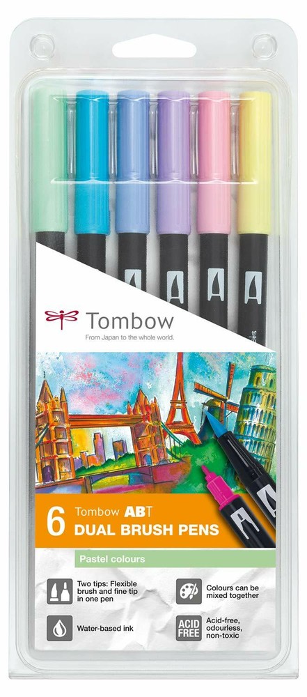** NEW Tombow Dual Brush Pen Pastel (6-Pack) w/Free Fudenosuke Brush Pen