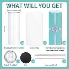 10 Pack Sublimation Tumblers Bulk 20 oz Skinny Straight Flat Bottom Blank Tum…