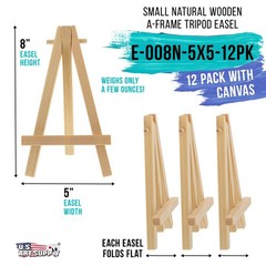 12pk 5″ x 5″ Stretched Canvas, 8″ Natural Wood Display Easel Kit, Artist Stand