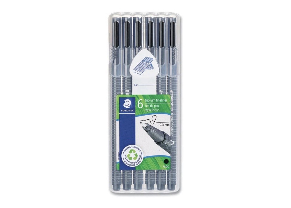 Staedtler Triplus Fineliner Marker Pen, Stick, Fine 0.3 mm, Black Ink 6PK