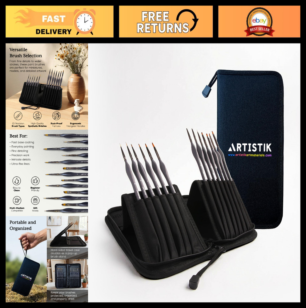 13-Piece Miniature Paint Brush Set for Acrylic, Oil, Watercolor, Nail Art & More