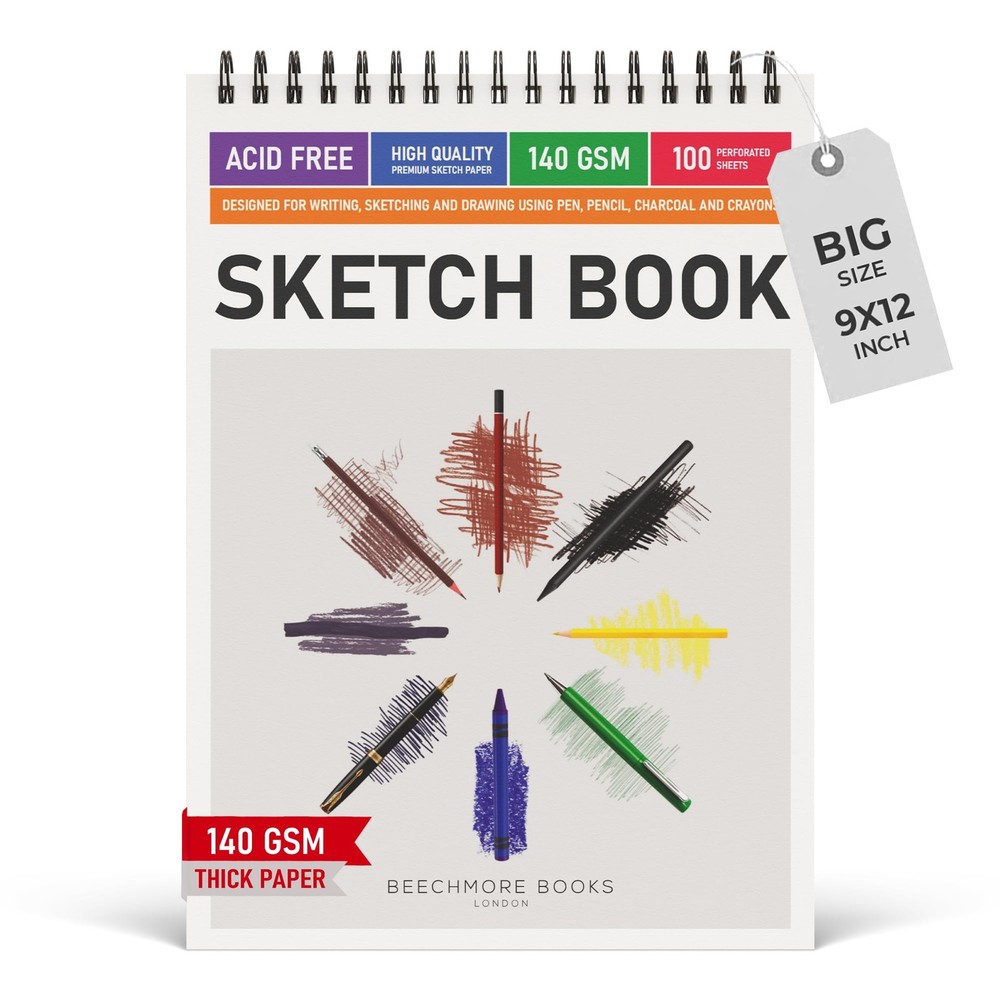 BEECHMORE BOOKS 9″x12″ Spiral Bound Sketchbook – 100 Perforated Sheets 140 GS…