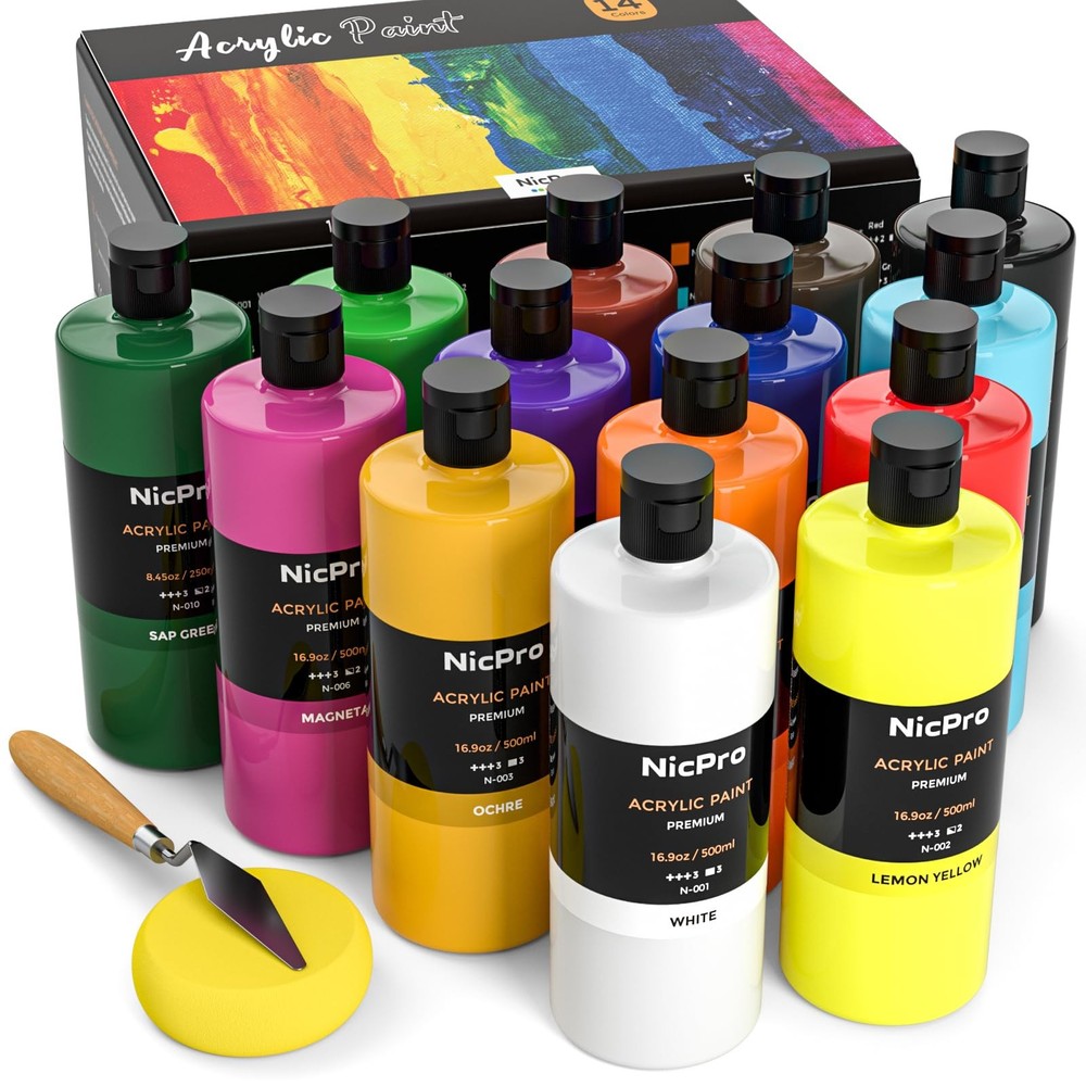Nicpro 14 Colors Large Bulk Acrylic Paint 16.9 Fl Oz (Pack of 14), 14