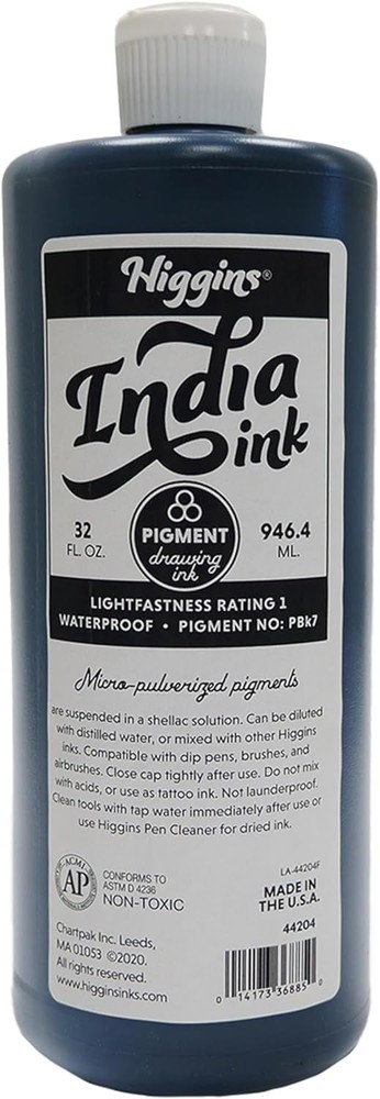 44204 Waterproof Pigmented Drawing Ink, Black, 32 oz Bottle