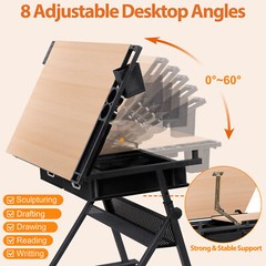 Drafting Table Wooden Drawing Desk Craft Station Artist w/Charging Station Stool