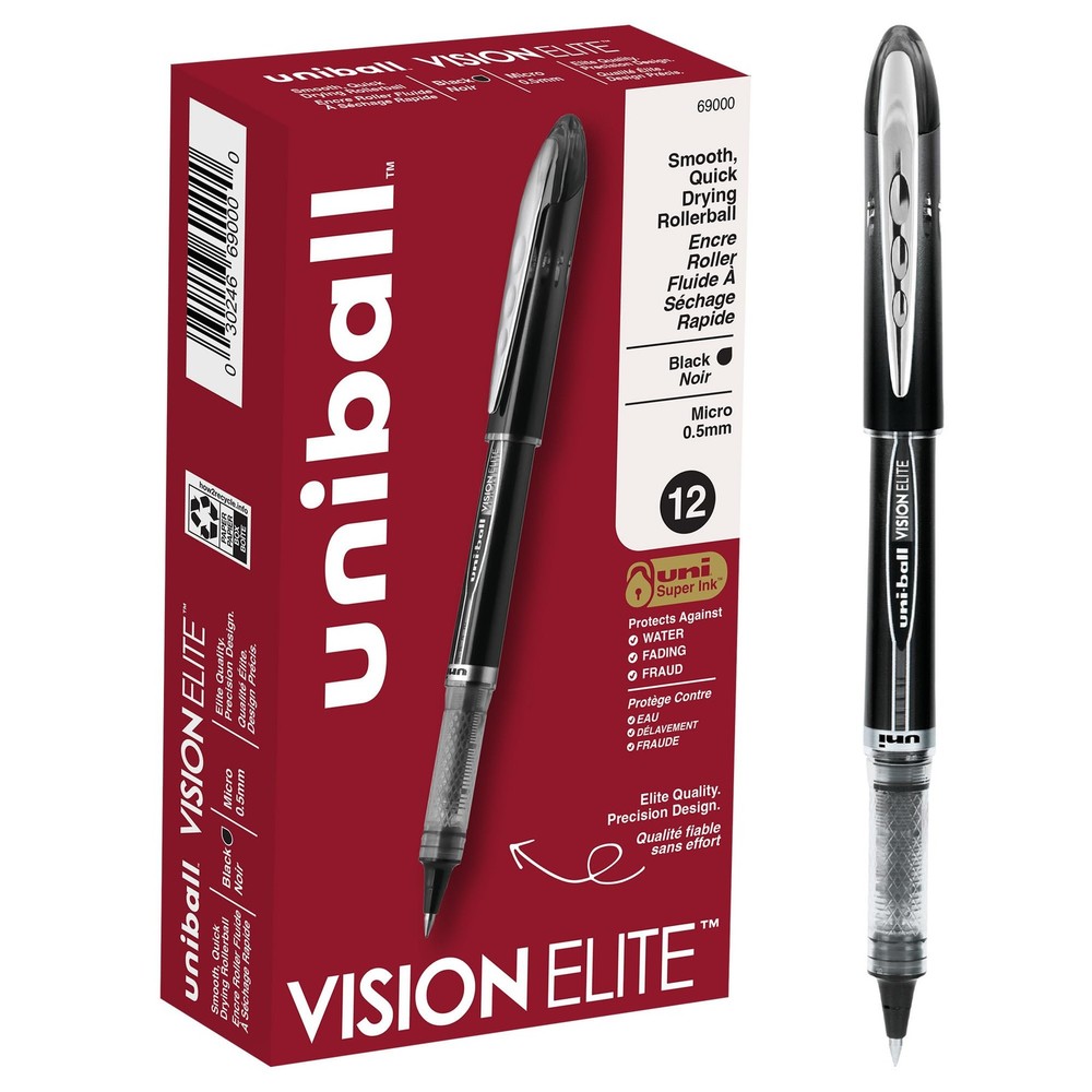 uni-ball Vision Elite Rollerball Pens Fine Point 12 Count (Pack of 1), Black