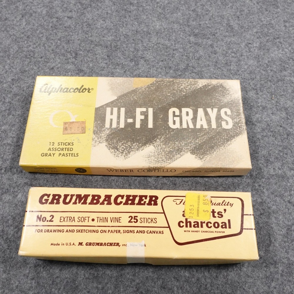 Vintage Alphacolor Hi-Fi Grays Pastels and Grumbacher Vine Charcoal Art Set