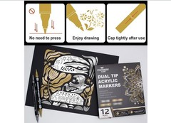 Acrylic Paint Pens 12 PCS – Metallic Gold Silver White Black, Dual Tip Markers.
