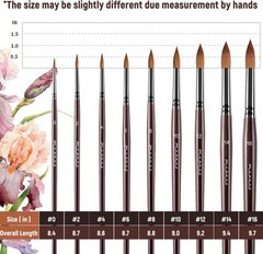 Sable Watercolor Brushes 9pcs #0,#2,#4,#6,#8,#10,#12,#14,#16, Brown-9pcs