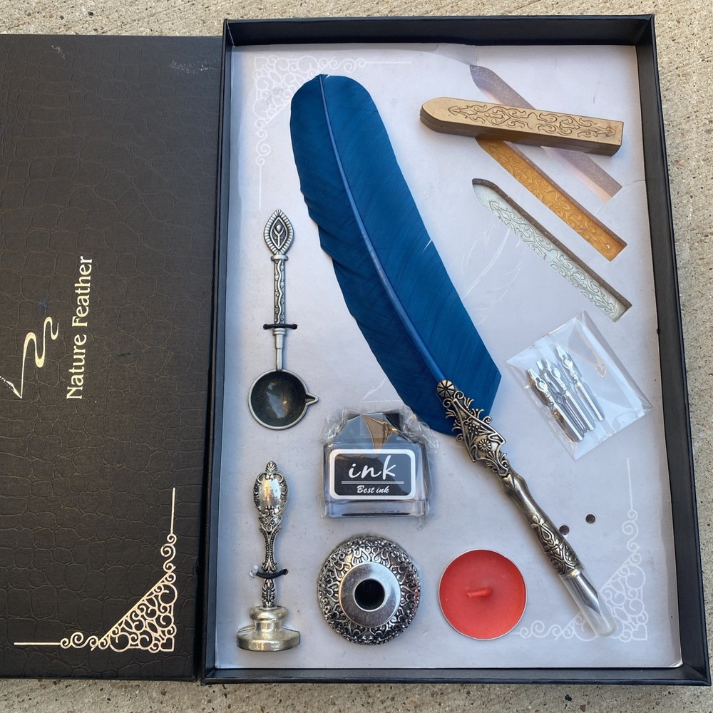 Vintage Feather Dip Pen Gift Box Set Ink Bottle Nib Lacquer Wax Seal Calligraphy