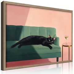 Wood framed black cat wall art modern style canvas print lazy black cat poste…