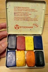 Vtg Stockmar Wachsfarben Hinged Metal Tin w/8 Block Crayons Made In West Germany