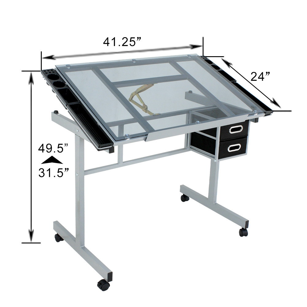 Rolling Drawing Drafting Table Tempered Glass Art Craft Work Station Painting