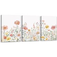 Colorful Wildflower Canvas Wall Art Set of 3 Framed – Pink Floral Watercolor …