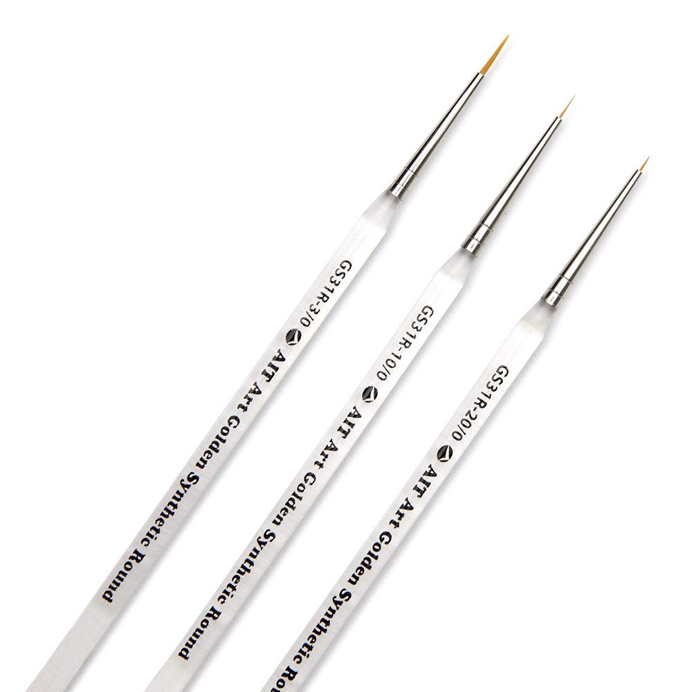 AIT Art Round Paint Brushes, Pack of 3, Miniature Sizes 20/0, 10/0, 3/0, Acry…