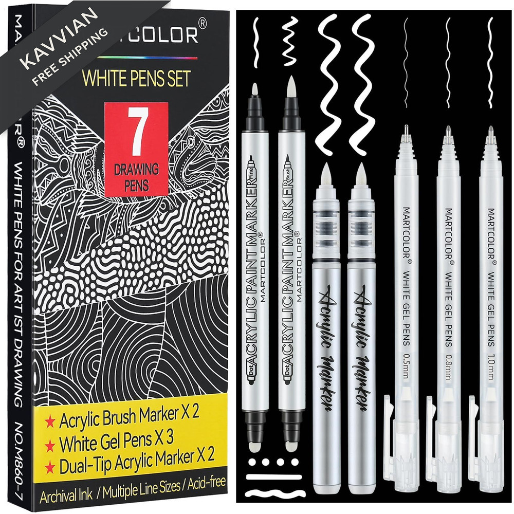MARTCOLOR White Pens Set, 05/08/10mm Assorted Tip 1 Count (Pack of 7),