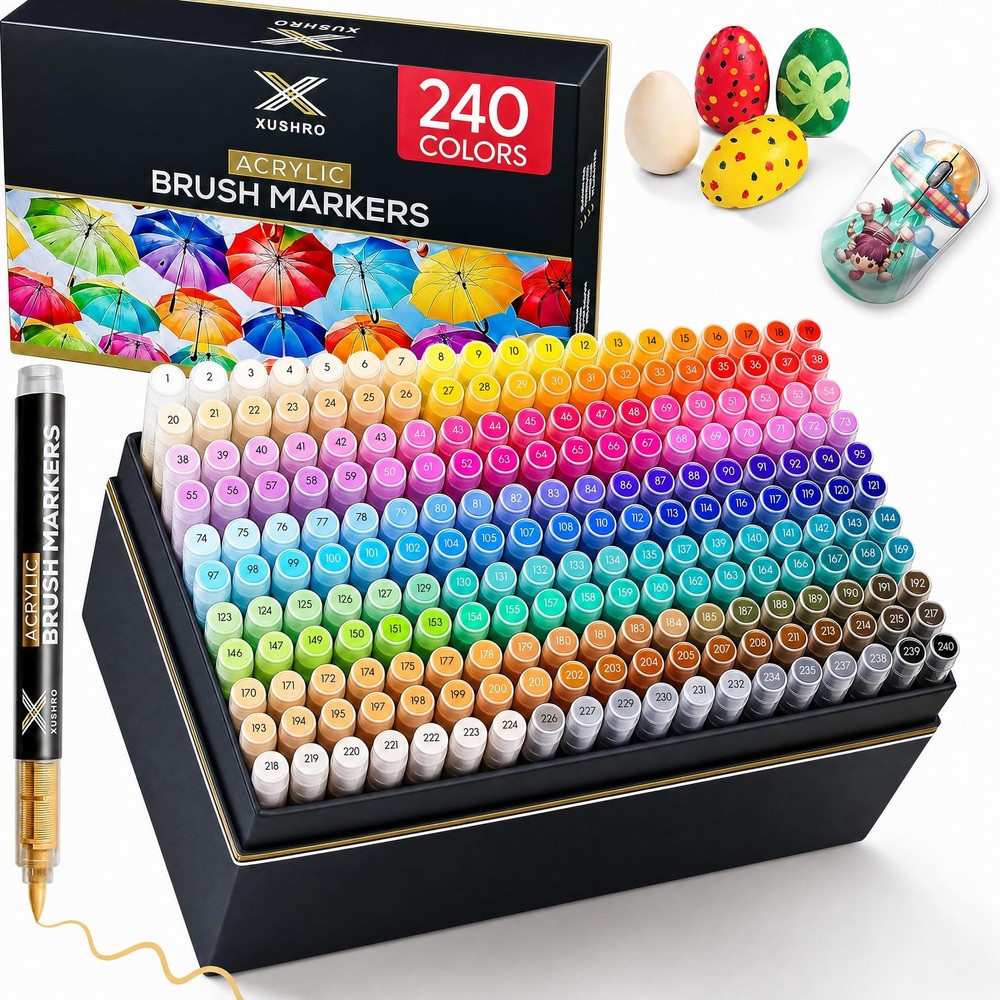 Xushro Acrylic Paint Markers Set – 240 Brush Tip Waterproof No-Bleed