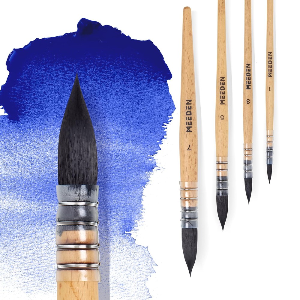 MEEDEN Watercolor Brushes Professional – 4 Pack of 4, Natural Wood Tone