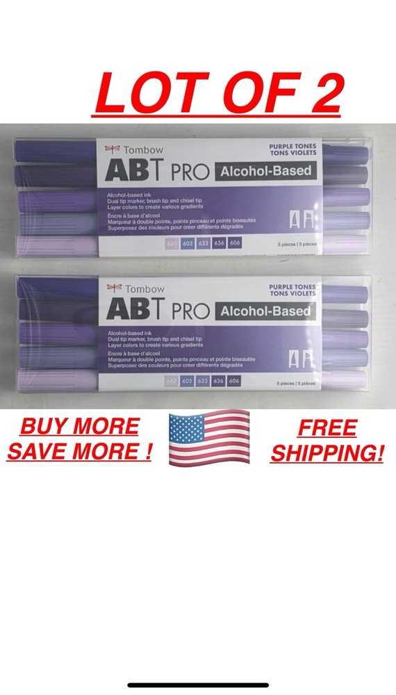 2 Tombow ABT PRO Alcohol-Based Ink Dual Brush Pen Markers, Purple Tones, 5-Pack
