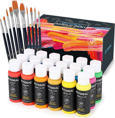 GOTIDEAL Acrylic Paint Set with 10 Brushes, 18 Colors Outdoor/Indoor (59Ml, 2 Oz