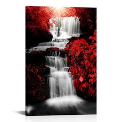 NutArtPic Waterfall Canvas Wall Art Black White Red Landscape Painting Red Tr…