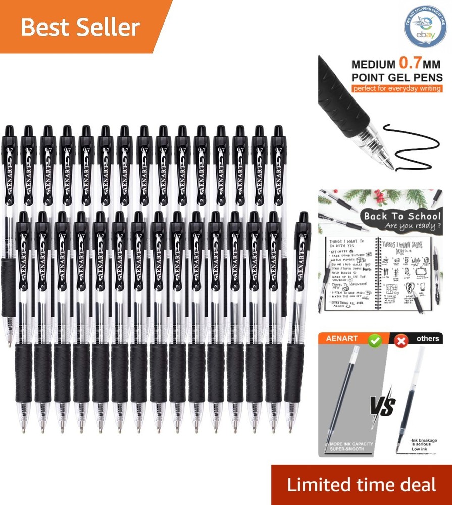 30 Pack Black Gel Pens – Fine Point 0.7mm Smooth Writing for School & Office