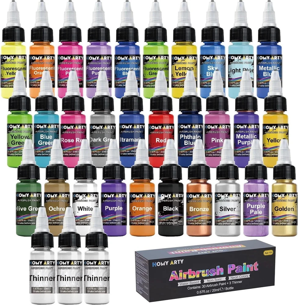 Airbrush Paint – 30 Colors with 3 Thinner, Ready to Spray Airbrush Paint Set, Wa