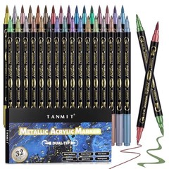 32 Colors Metallic Marker Pens, Dual Tip Acrylic Paint Pens Markers for Black