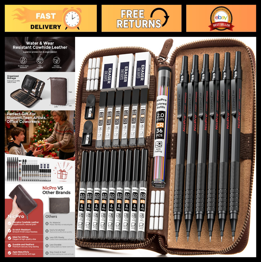30PCS Black Metal Mechanical Pencil Set with Leather Case, 0.5-2mm Lead Holders,