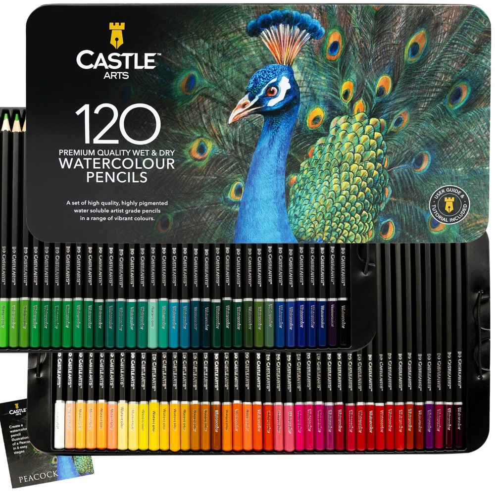 Castle Art Supplies 120 Watercolor Pencils, Blending, Drawing, Tin Case