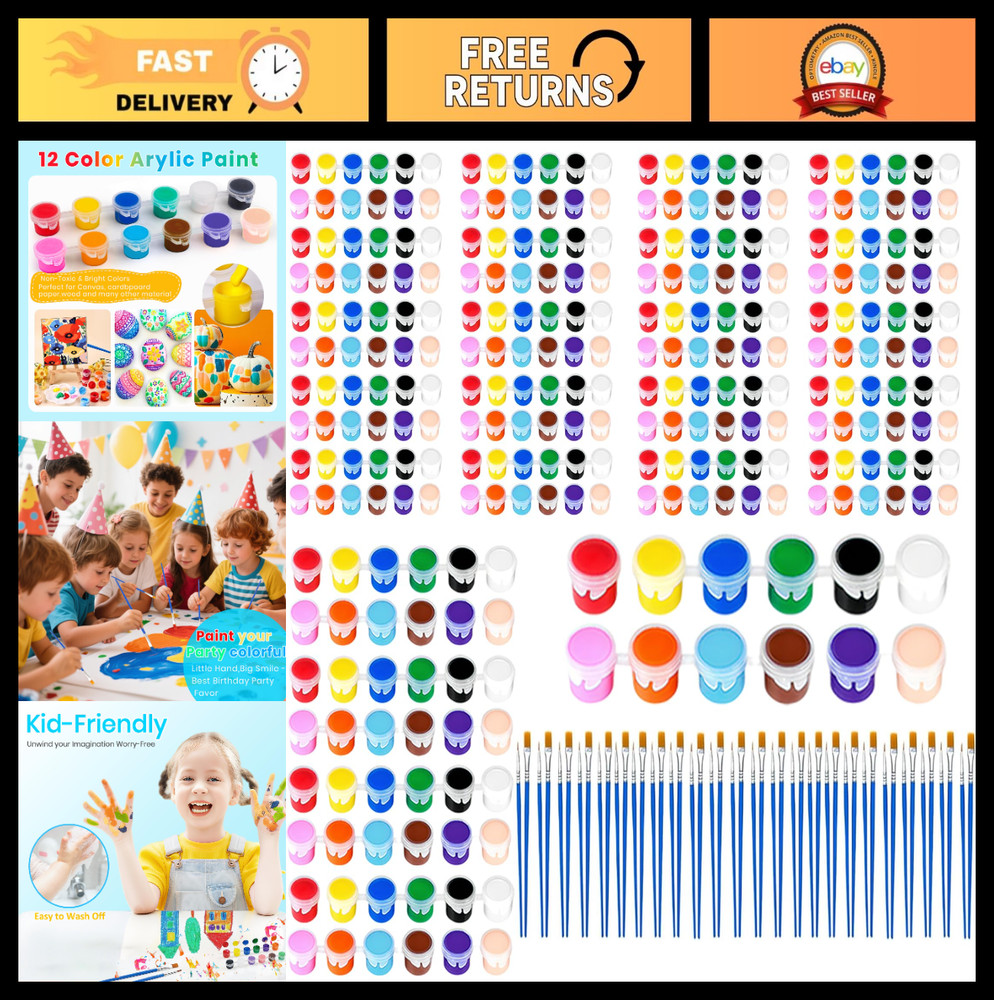 24 Pack Mini Acrylic Paint Set – 12 Washable Colors + 48 Brushes, Art Kit for Ki