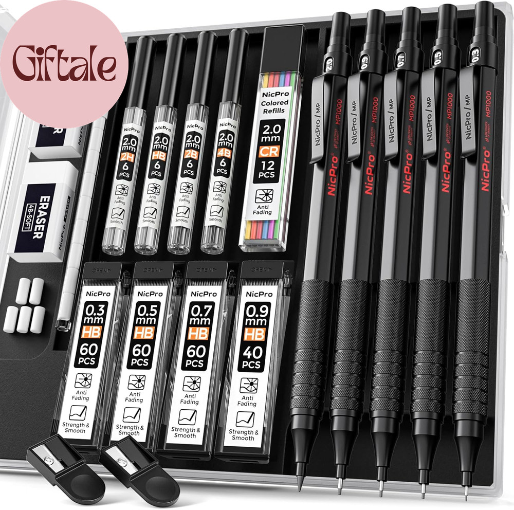 Black Art Mechanical Pencil Set, 5PCS Metal Drafting Pencils 0.3, 0.5, 0.7, 0.9