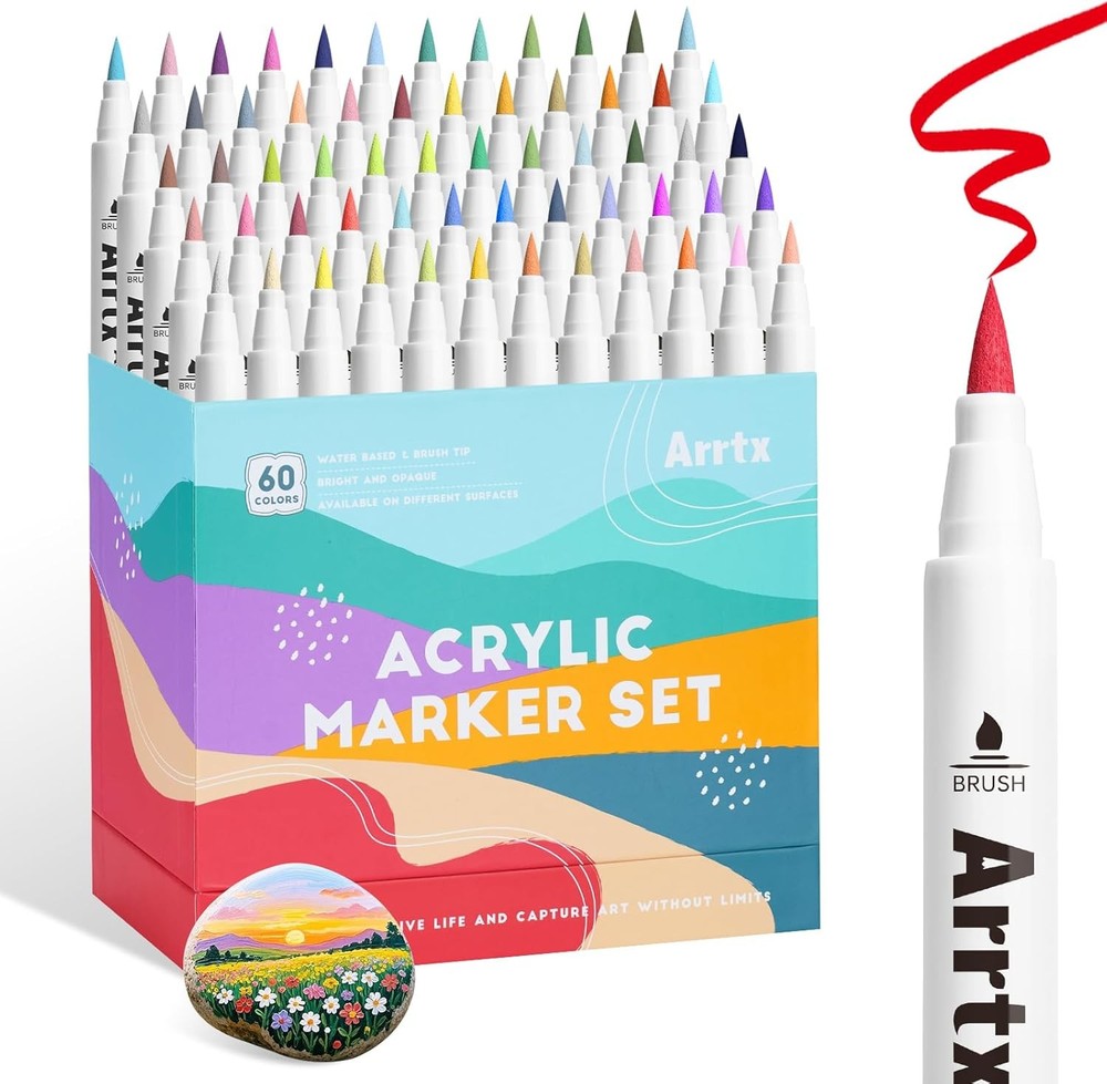 Arrtx 60C Colors Acrylic Paint Markers Natural- Brush Tip Art Supplies