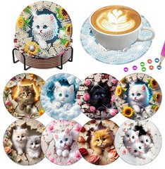 8 Pcs Diamond Art Coasters Kits for Adults with Holder Cork Pads, Cat Diamond Pa