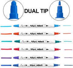 24 Color Bold and Fine Dual-Tip Acrylic Paint Pen Set for Canvas Rock Wood Leath