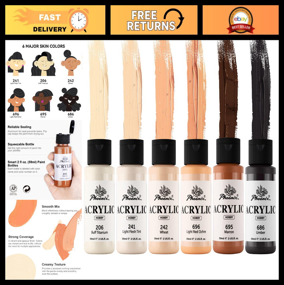 Neutral Skin Tone Acrylic Paint Set – 6 x 2 Fl Oz Flesh Colors for Miniatures &
