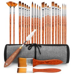 Paint Brush Set of 25pcs, FENORKEY Acrylic Brushes, Brown Handle