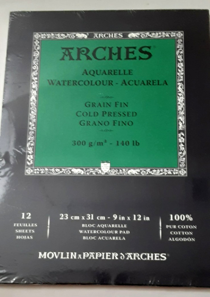 Arches Cold Press Watercolor Paper 140lb White 100% Cotton Pad 12 Sheets 9 x 12