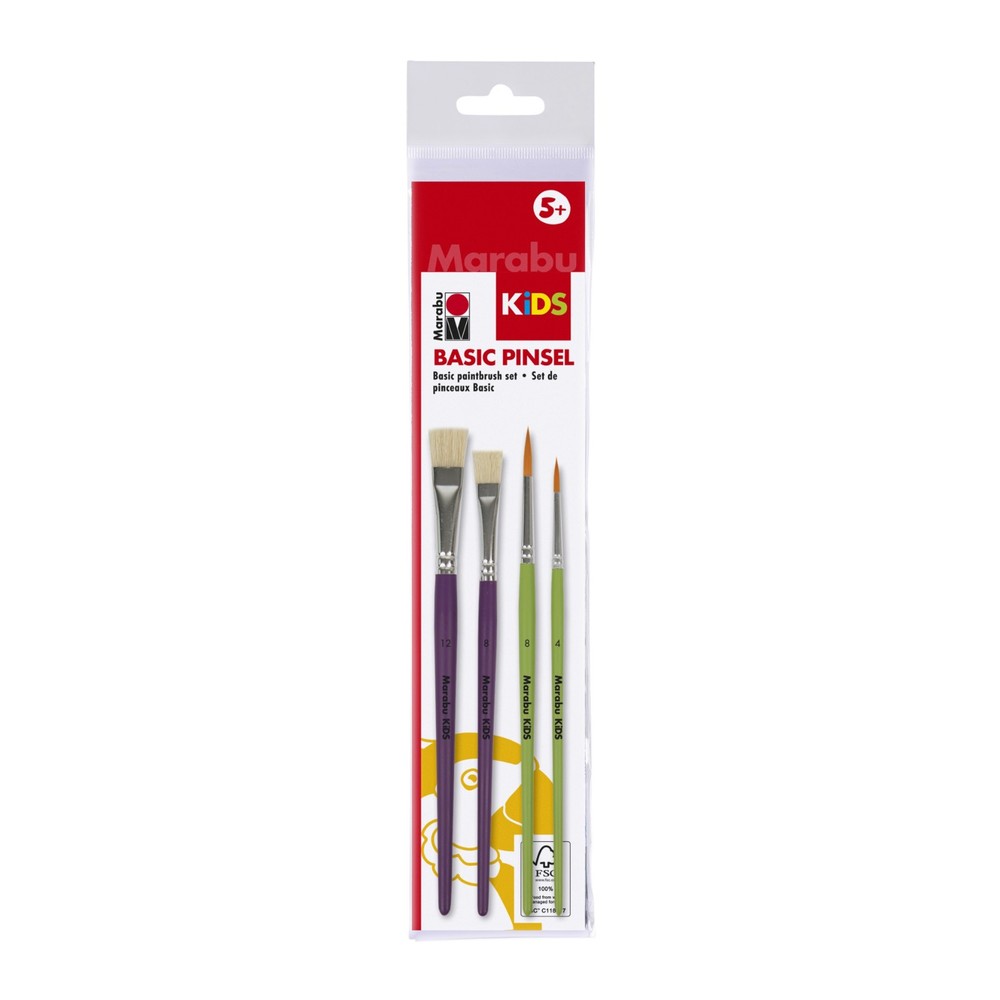 Marabu KiDS Paint Brush Set (4pk) Round & Flat | For School Craft Acrylic Art