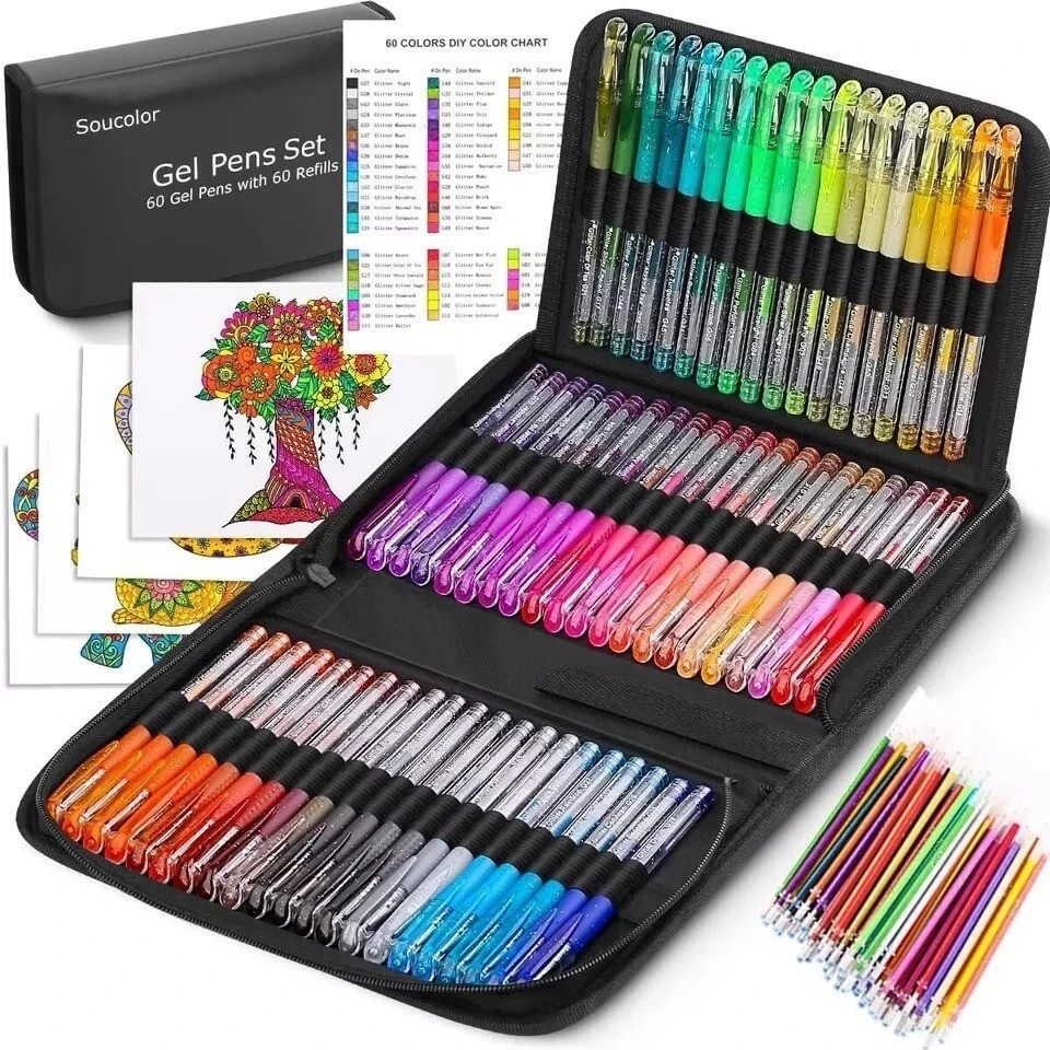 Glitter Gel Pens for Adult Coloring Books, 120 Pack-60 Glitter Pens, 60 Refills