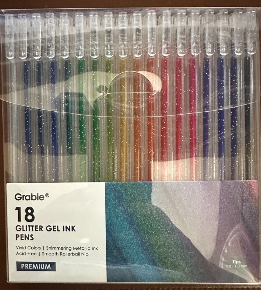 Grabie 18 Glitter Gel Ink Pens Vivid Colors, Acid Free Smooth Rollerball